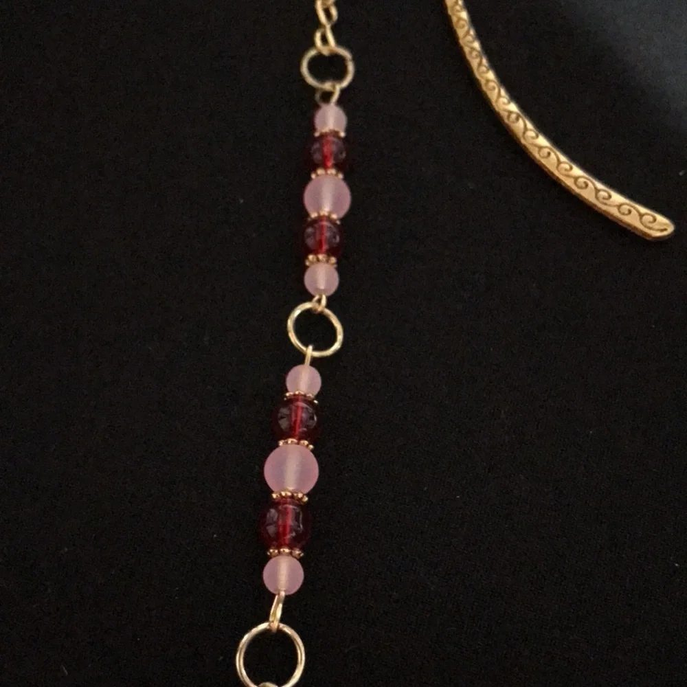 Metal Shepherds Hook Bookmark w/Chain, Red&Pink Glass Beads, & Goldtone Findings